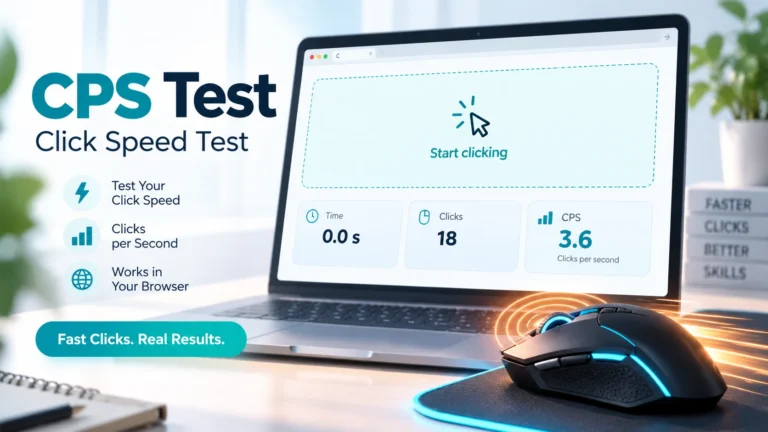 CPS test dashboard showing click speed score, clicks per second and gaming mouse