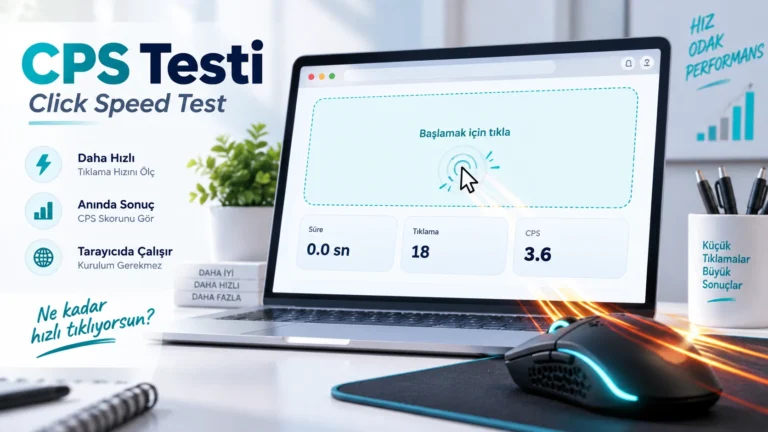 CPS testi ekranı, tıklama hızı skoru ve hızlı mouse tıklaması görseli